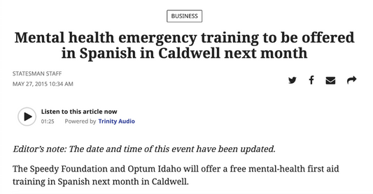 Mental health emergency training to be offered in Spanish in Caldwell next month