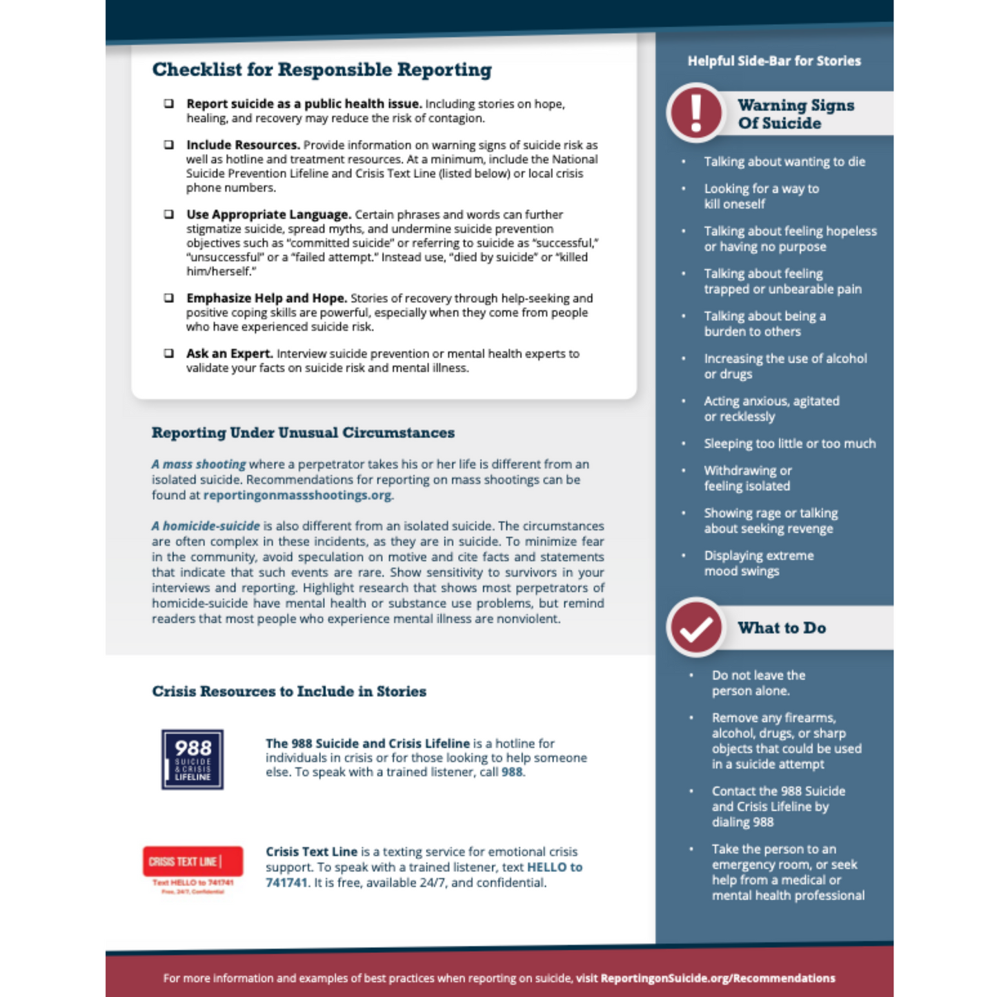 Best Practices and Recommendations for Reporting on Suicide